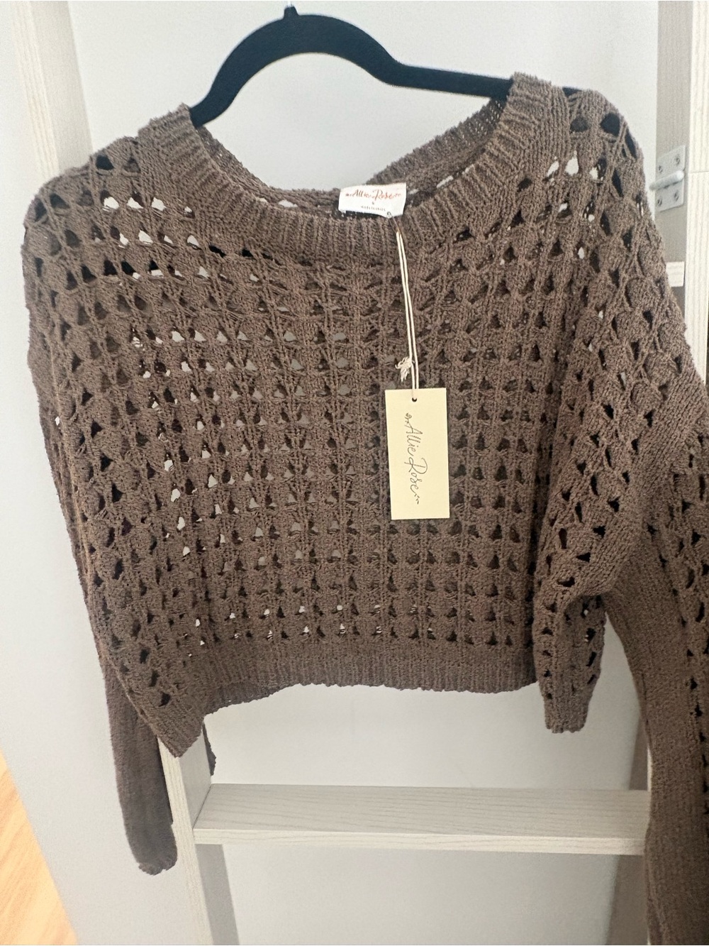 Allison+Rivers Brown Cropped Open-Knit Crew Sweater